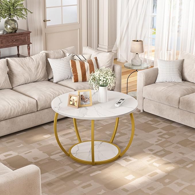 GreenForest Round Coffee Table with 2-Tier Open Storage, 27.6 inch Small Circle Coffee Tables with Adjustable Feet, Modern Mini Center Table for Small Living Room, White and Gold