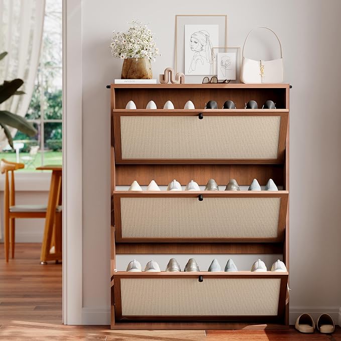 AVZEAR Narrow Shoe Storage Cabinet for Entryway with Natural Linen Panel, Freestanding Slim Shoe Cabinet with 3 Flip Drawers, Wood Shoe Organizer Closed Shoe Rack for Hallway, Living Room(Walnut) - Image 7