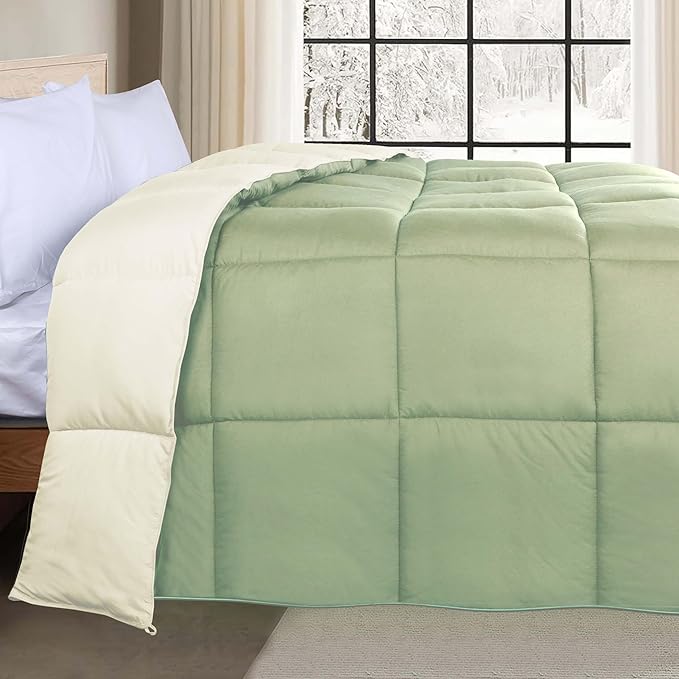 Superior Brushed Microfiber Comforter, Down Alternative Bedding, Medium Weight, Soft Bed Cover, Plush Duvet Insert, Oversized Blanket, Box Quilt, Reversible Comforter, Twin, Ivory-Sage