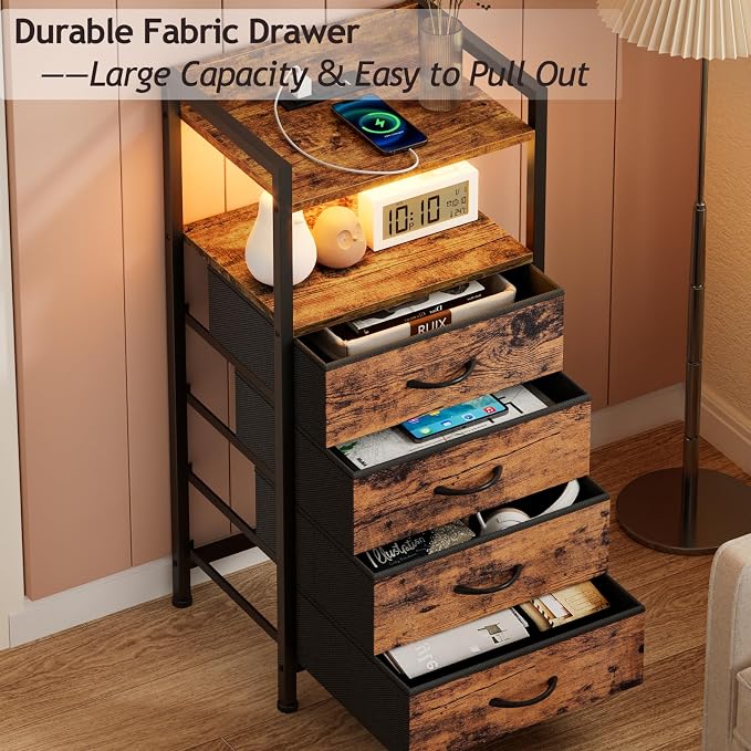 Furnulem Night Stand with Charging Station and Led Light, 4 Drawer Dresser for Bedroom, Small Nightstand Bedside Table, Fabric Bins, Metal Frame, Wood Shelf, Side Furniture(Rustic Brown) - Image 8