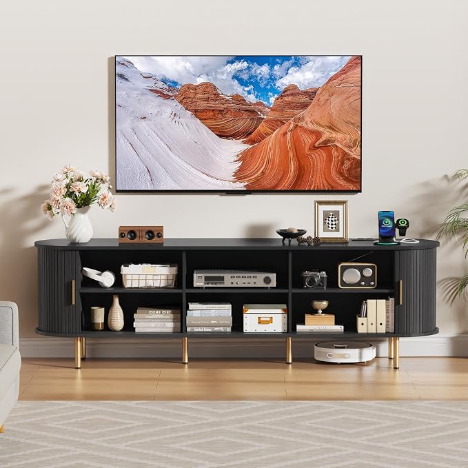 DHH 70.8 Inch Mid Century Modern TV Stand with Power Outlet for TVs up to 80 Inch, Entertainment Center with Storage and Adjustable Shelves, Media Console with Sliding Doors for Living Room, Black - Image 8