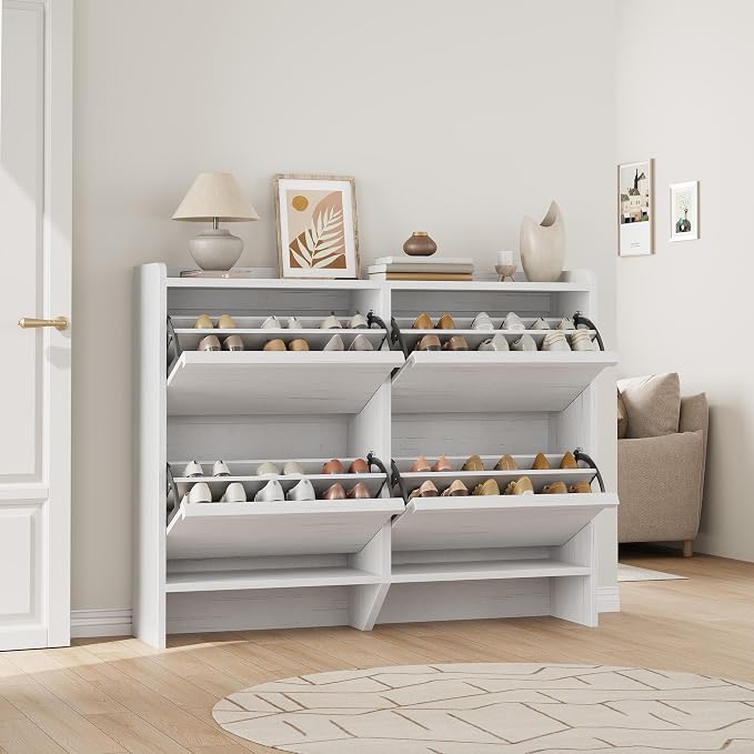 GarveeHome Shoe Cabinet with 4 Flip Drawers, Wooden Shoe Organizer Cabinet with Adjustable Shelf, Shoe Storage for Entryway, Hidden Shoe Cabinet for Hallway, Living Room, White - Image 6