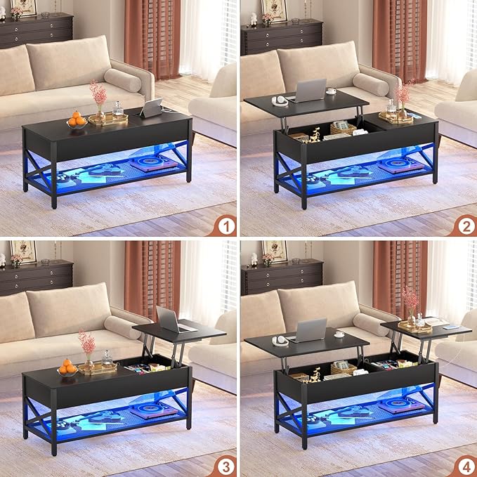 Coffee Table, Lift Top Coffee Table with Storage, LED Light & Power Outlet and Hidden Compartment, Retro Center Table for Living Room, X Support Wood Tabletop, Metal Frame,Black