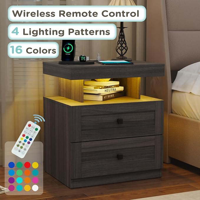 MHOM Farmhouse LED Nightstand Set of 2, Wood Bedroom Side Table with Charging Station, Rustic End Table with Drawers for Bedroom, Antique Gray - Image 7