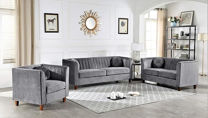 Arvilla Velvet Chair with Bolster Pillows, Soft Upholstery, Mid Century Modern Design, Chesterfield-Inspired Accent Armchair for Living Rooms, Fossil Grey