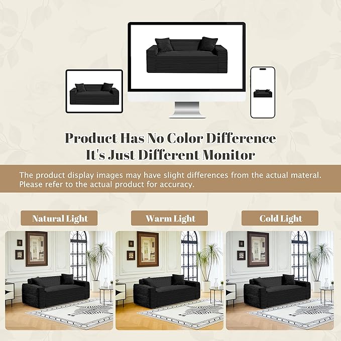 75" Cloud Loveseat Sofa, 26" Deep Seat Boneless Couches for Living Room, Modern 3 Seater Sofa with Throw Pillows, Corduroy Compression Sofa in Box, No Assembly Couch for Bedroom, Dorm, Black
