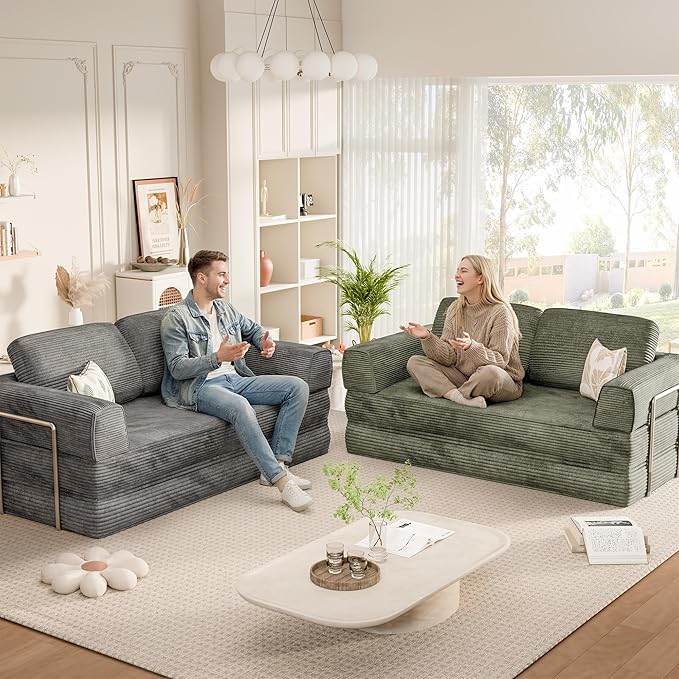 Homall 4-in-1 Convertible Sofa Bed, Oversized Boneless Couch with 4 Frame Kits and Removable Armrests, Corduroy Sleeper Sofa with 2 Pillows for Small Space, No Assembly Required (Green)