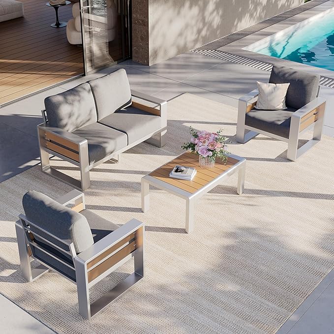 Aoxun Aluminum Patio Furniture Set, 4 Seats Luxury Metal Patio Conversation Sets with Coffee Table, Thick Cushions and Waterproof Cover, Modern Outdoor Furniture Set for Backyard/Poolside, Light Grey