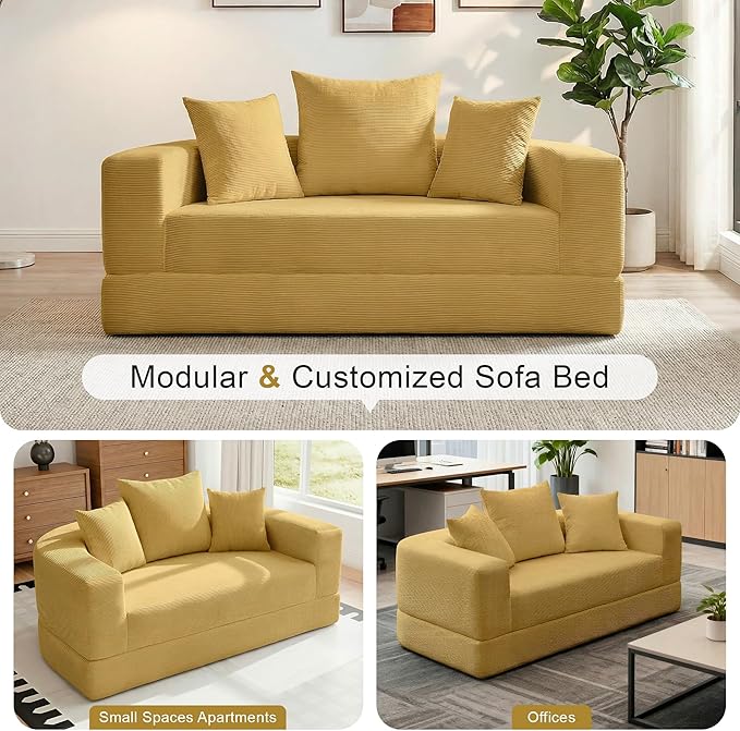 Casaphoria 67'' Sleeper Sofa for Small Spaces,Convertible Foldable Couch Bed with Armrests,Space Saving Guest Bed for Apartments,Dorms,Living Room(Yellow)