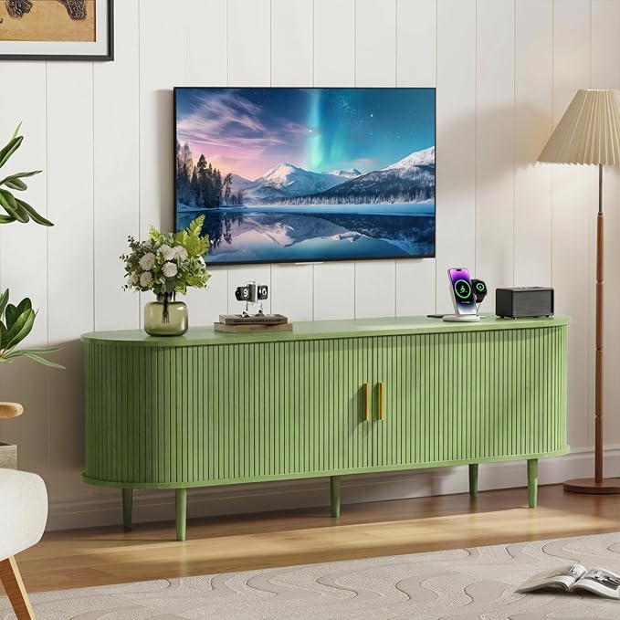 DHH 63 Inch Mid Century Modern TV Stand with Power Outlet for TVs up to 70 Inch, Entertainment Center with Storage and Adjustable Shelves, Media Console with Sliding Doors for Living Room(Green) - Image 7