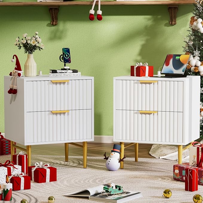 HQZX White Nightstand Set of 2 with Charging Station, Fluted Nightstand with Drawers, Modern Bedside Table with Gold Legs, End Table for Bedroom - Image 9