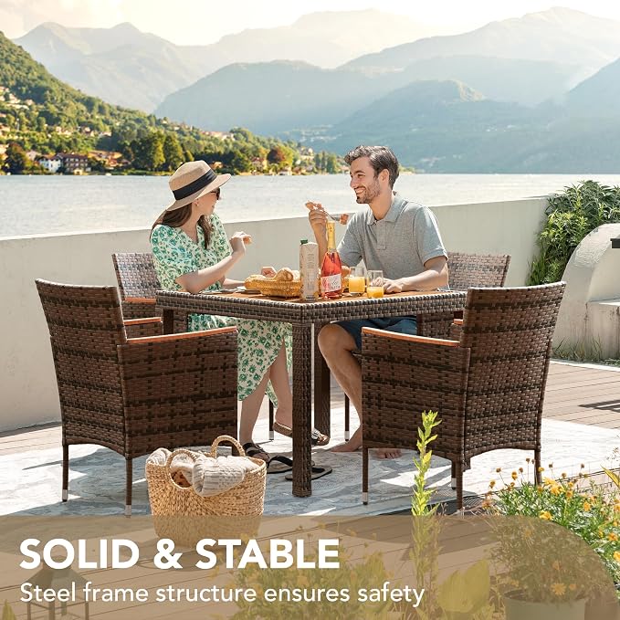 Devoko 5 PCS Furniture, Patio Conversation Set with Acacia Wood Top, Rattan Outdoor Dining Table and Chairs for Backyard, Garden, Deck, Brown - Image 6