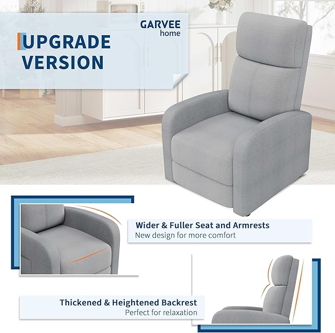 Garvee Recliner Chair for Adults, Lazy Reclining Chair Ergonomic Adjustable Single Sofa Enhanced with Side Pocket, Tall Back, Wide Arms & Padded Seat, Home Theater Seating for Living Room