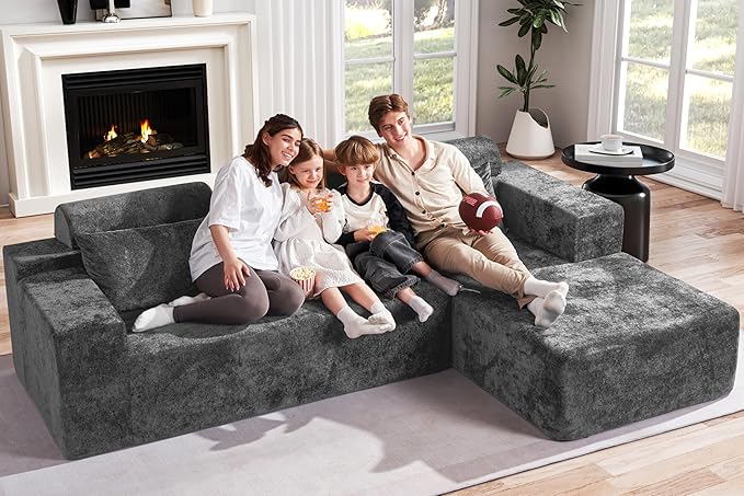 Homguava Modular Sectional Couches for Living Room,105" Cloud Couch with L-Shape Chaise,Comfy Sofa Living Room Couch with Deep Seat,No Assembly L Couch,Luxury Distressed Velvet(Grey,R)