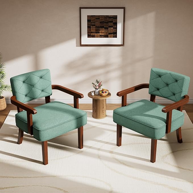 Versatile Accent Chair, Small Side Arm Chair,Mid Century Oversize Armchair,Upholstered Wooden Accent Chairs,Tufted Back,Armrest,Cushion, for Office,Waiting/Reading/Living Room, Green