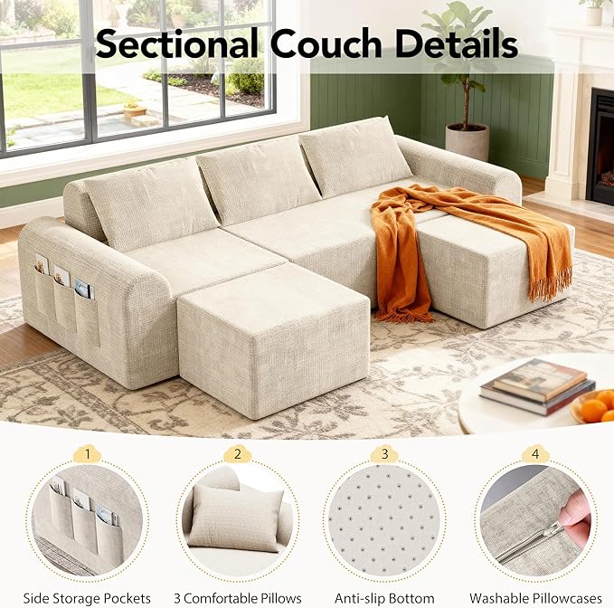 Cloud Modular Sectional Sofa, No Assembly Deep Seat Chenille Couch with 2 Ottomans, 3-Seater Modular Sofa for Living Room, Beige
