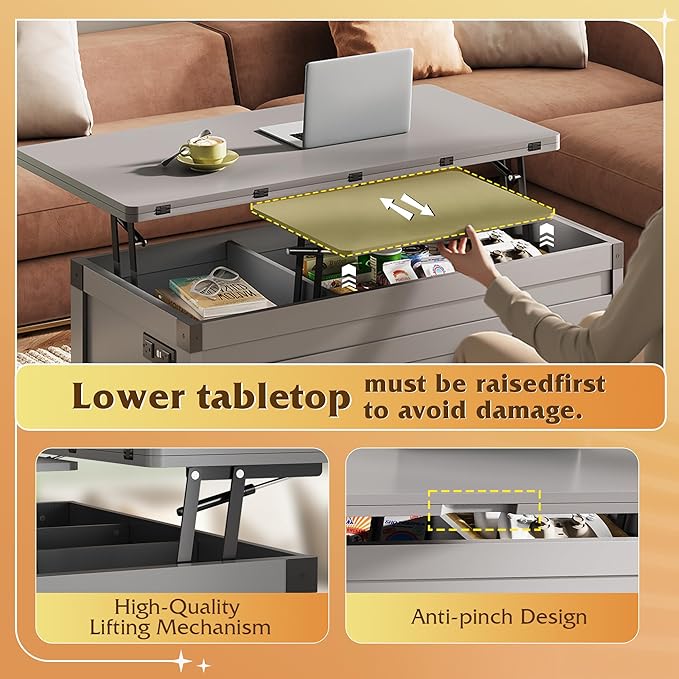 WLIVE 40" Lift Top Coffee Table, 4 in 1 Coffee Tables with Storage, 2 Fabric Drawers, LED Light and USB, Modern Coffee Table with Hidden Compartment for Living Room, Dining Room, Grey