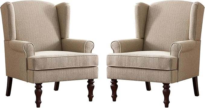 HUIMO Printed Wingback Accent Chair, Linen Upholstered High Back Armchair, Comfy Reading Chair for Living Room Bedroom Study, 300lbs Weight Capacity (2, Brown with Lines)