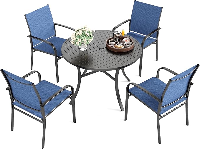 HERA'S HOUSE 5 Pieces Patio Table and Chairs Set, Outdoor Dining Furniture for 4, 42" Black Metal Round Dining Table with Umbrella Hole, 4 x Blue Textilene Chairs for Lawn Garden Backyard Deck - Image 9