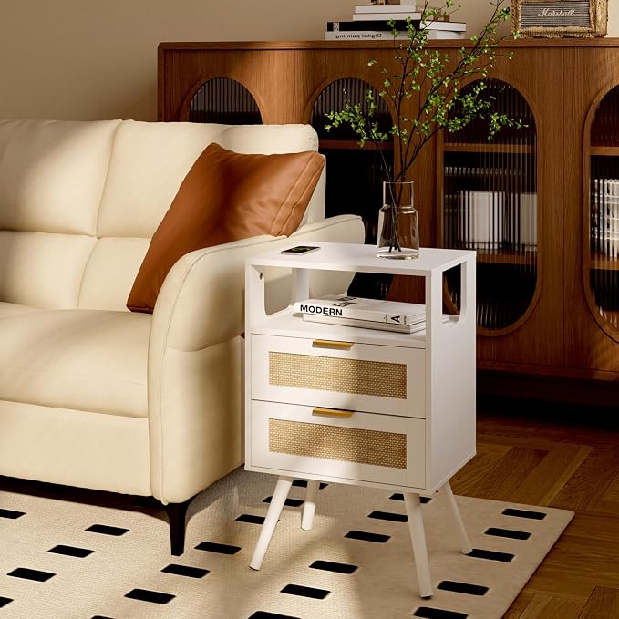 JOONEE Rattan Nightstand,Farmhouse Bedside Table with 2 Storage Drawer and Open Wood Shelf, for Bedroom and Small Spaces,Night Stand with Solid Wood Legs (White) - Image 8