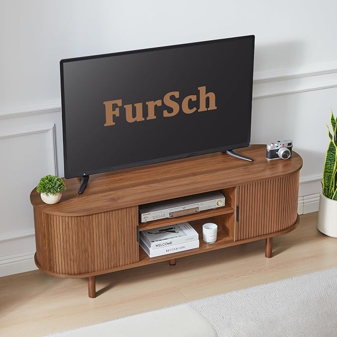 FurSch 53" Tambour Door TV Stand,Wood Mid Century Modern TV Cabinet for Up to 65“ TV,Curved Edge Long TV Stand with Storage for Bedroom Living Room(Walnut, 54inch) - Image 8