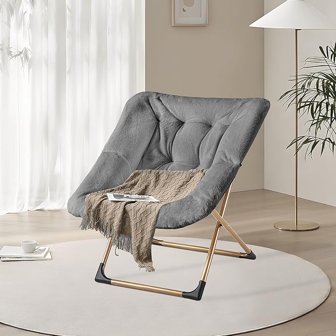 Youtanic Comfy Oversized Saucer Chair, Soft Faux Fur Reading Lounge Chair for Adults, Stable X-Large Metal Frame and Non-Slip Pad, Foldable Cozy Chairs for Bedroom, Living Room, Dorm, Dark Gray