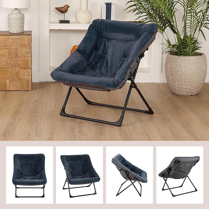Comfy Saucer Chair for Adults, Soft Faux Fur Bedroom Chair, Accent Dorm Chairs, Flexible Living Room Reading Chairs, Oversized Folding Seat for Teens, X-Large, Navy Blue