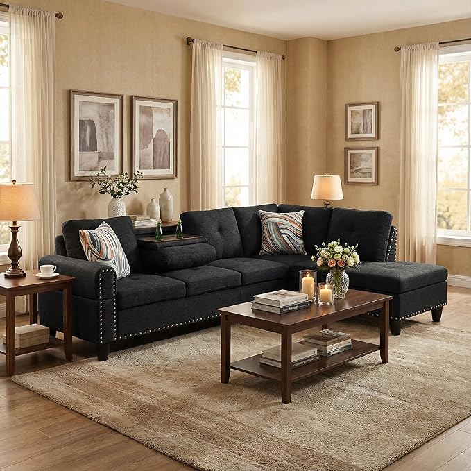 L-Shaped Sectional Couch with Cup Holders, Living Room Sofa with Lounge Chaise, Modern 4 Seater Sofa Couch for Living Room, Small Apartment & Office, Black Gray
