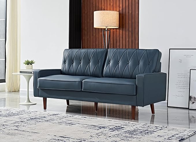 Container Furniture Modern Style Faux Leather Sofa with Elegant Round Tapered Legs and Button Tufted Backrest Perfect for Living Room, Bedroom or Home Office, 69.3’’ Wide, Blue