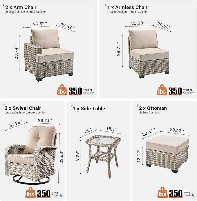 ovios 8 Piece Patio Sectional Furniture with Swivel Rocking Chairs, Rattan Wicker Coversation Set with Glowing Coffee Table, Outdoor Sofa Set for Outside Porch Balcony Backyard Pool, Beige