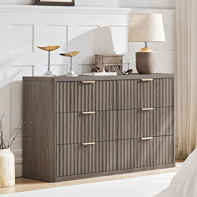 LEYAOYAO 48" Wide Fluted Dresser and 3 Drawers 23" Nightstand Set of 2, Wooden Dresser & Night Stand with Charging Station, 3 Piece Bedroom Furniture Set, Chest of Drawer for Living Room,Grey