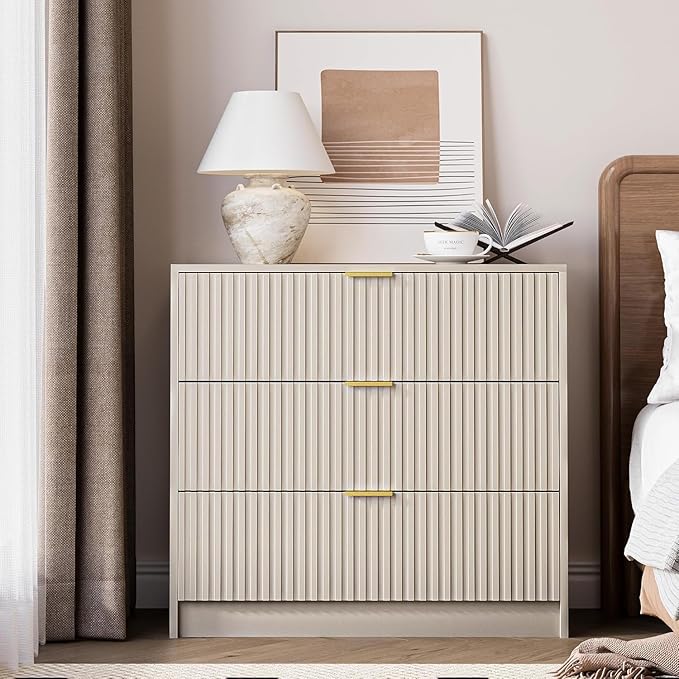 MAISONARIA 3 Piece Dresser Bedroom Set, 7 Drawer Dresser & 3 Drawer Nightstands with Gold Handles, Fluted Wood Chest of Drawers for Bedroom, Living Room, Entryway, Beige