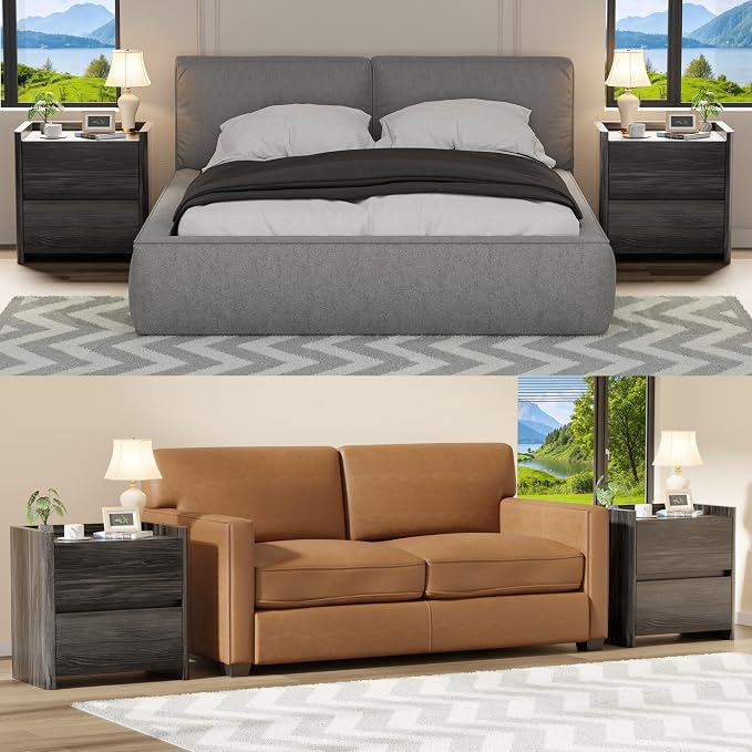 Nightstand with 2 Storage Drawer, Modern End Table for Bedroom with Cut-Out Handle, Large Night Stands for Bedroom, Home Office, Set of 2, Dark Grey - Image 7
