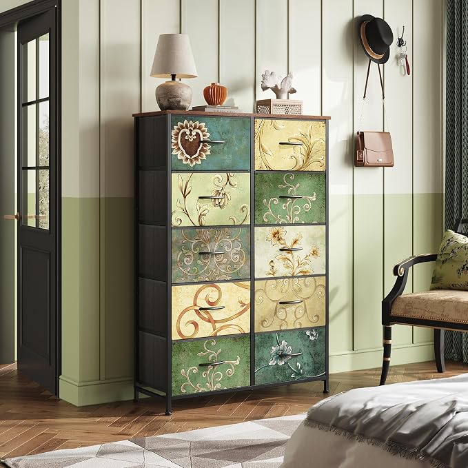 WLIVE Tall Dresser for Bedroom with 10 Drawers, Chest of Drawers, Fabric Dresser for Closet, Hallway, Living Room, Entryway, Floral Painted - Image 8