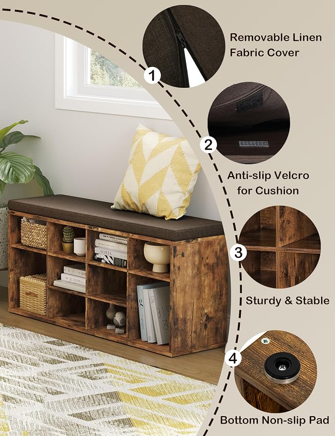 DINZI LVJ Shoe Storage Bench with Cushion, Cubby Shoe Rack with 12 Cubbies, Adjustable Shelves, Multifunctional Shoe Organizer Bench for Entryway, Mudroom, Hallway, Closet and Garage, Rustic Brown - Image 9