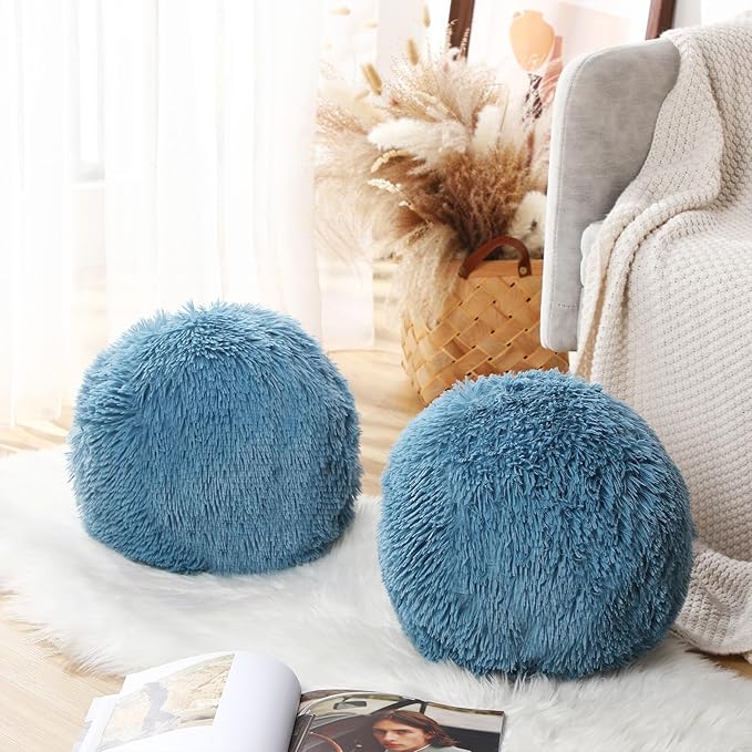 2 Pack Plush Round Ball Throw Pillow 10 Inch Nordic Soft Boucle Pillows Spherical Fuzzy Pillows Circle for Couch Sofa Bed Bedroom Living Room Office School Chair Decorations(Blue)