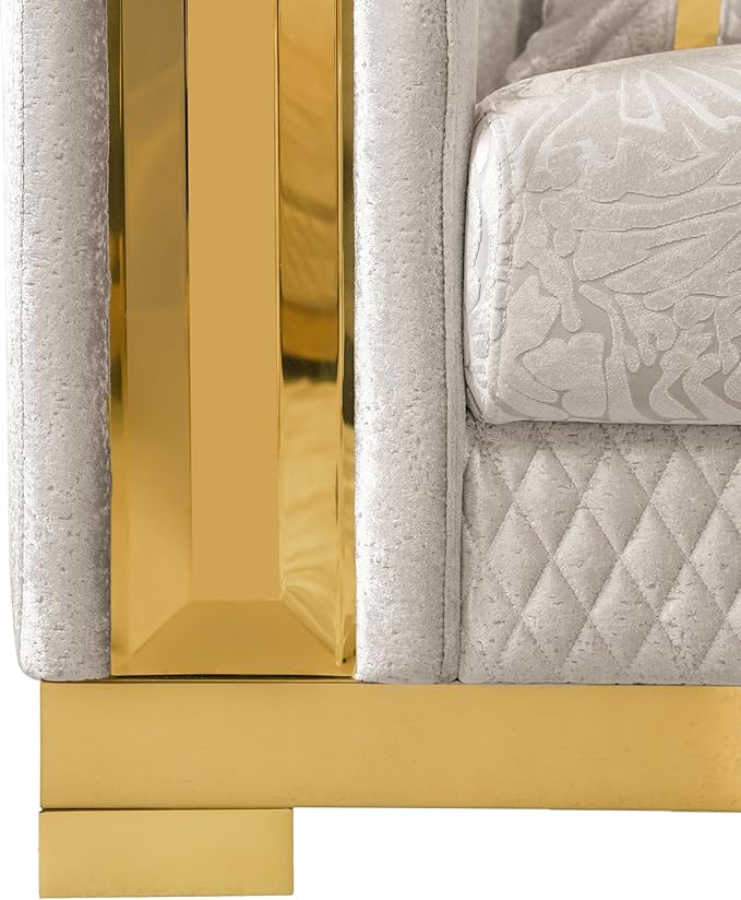 Furniture of America Samison II Glam Solid Wood Upholstered Couch with Accent Pillows, Damask Pattern and Gold Base, Comfortable Sofa for Living Room, Bedroom, Office, Beige