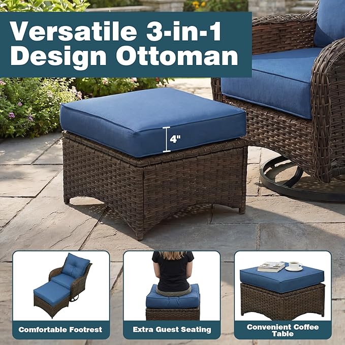 Patio Furniture Set, 7PCS Outdoor Wicker Conversation Set with 6" Thick Cushions, High Back Rattan Sofa & Swivel Rocker Chairs, Weather Resistant Olefin Fabric for Garden, Poolside, Navy Blue