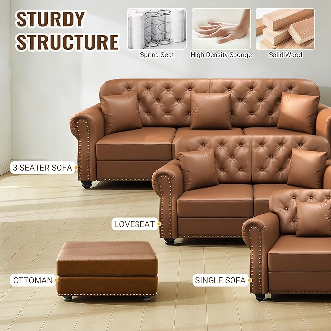 KEIKI 63" Faux Leather Chesterfield Sofa with Rolled Arms & Nailhead Trim & 1 Ottoman, 2-Seater Button Tufted Couch with High Resilience Cushion & 2 Pillow, Easy Assembly, for Living Room, Brown