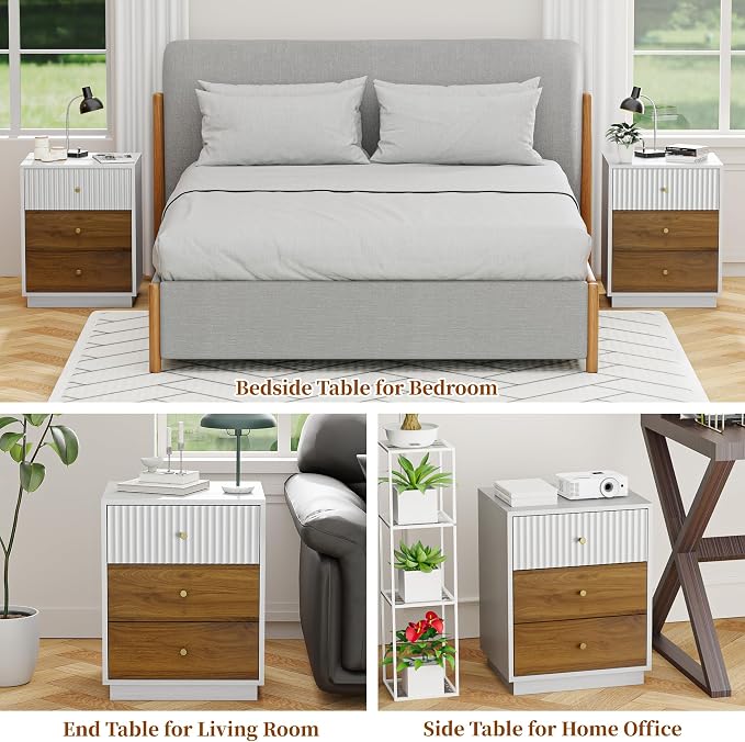 23.6" Tall Night Stand with 3 Storage Drawers, Fluted Nightstand with Metal Handles, Modern End Table Bedside Table Chest for Bedroom, White and Natural - Image 7