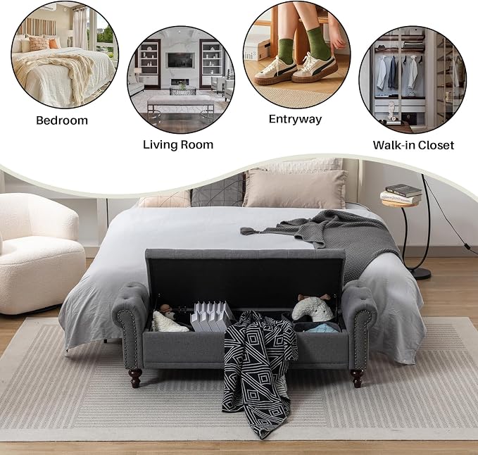 SOFTHION 58.1" Storage Bench Upholstered Linen End of Bedroom Bed Bench Ottoman with Tufted Cushioned Rolled Arm Large Storage Space for Reading Living Room Entryway, Grey - Image 7