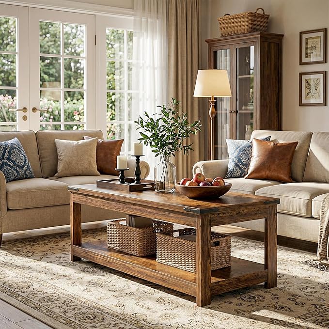 Homieasy 43.3” Rectangular Coffee Table with Storage Shelf, Farmhouse Wood Center Table for Living Room, Modern Black Tea Table with Open Shelf, Rustic Brown