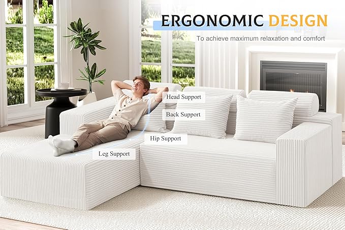 Homguava Modular Sectional Couches for Living Room,105" Cloud Couch with L-Shape Chaise,Comfy Sofa Living Room Sofas with Deep Seat,No Assembly L Couch,Corduroy Fabric(Beige,L)