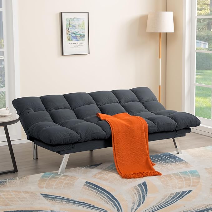 Convertible Futon Sofa Bed, Corduroy Small Futon Couch with Adjustable Armrest & Backrest, Loveseat Sofa Bed for Living Room, Bedroom, Deep Gray