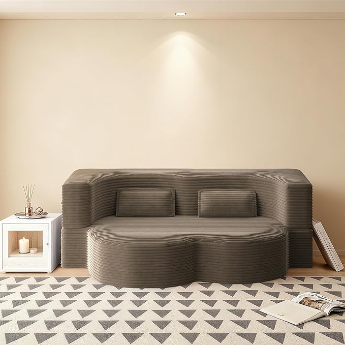 78" Convertible Sofa Bed, 2-in-1 Folding Floor Couch with 2 Pillows, Sleeper Sofa for Living Room and Bedroom, No Assembly Required (Coffee Brown, Corduroy Fabric)