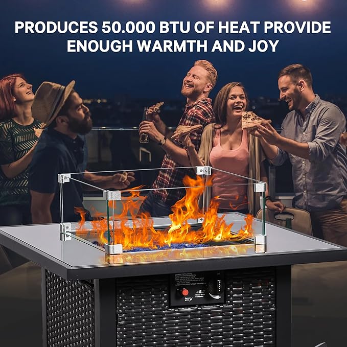 FHFO 5 Piece Outdoor Patio Furniture Set with 28”Gas Fire Pit Table & Ice Bucket Storage Box, Outdoor Wicker Rattan Patio Conversation Set for Outside, Poolside, Balcony, Porch, Grey-Grey