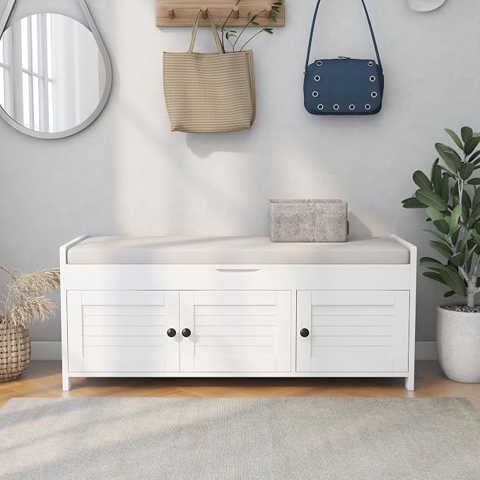 SOFTSEA Upholstered Storage Ottoman with Removable Cushion, Wooden Entryway Bench with 3 Shutter-Shaped Doors and Hidden Storage Space, Shoe Bech for Entreyway, Living Room, White with Beige Cushion - Image 8