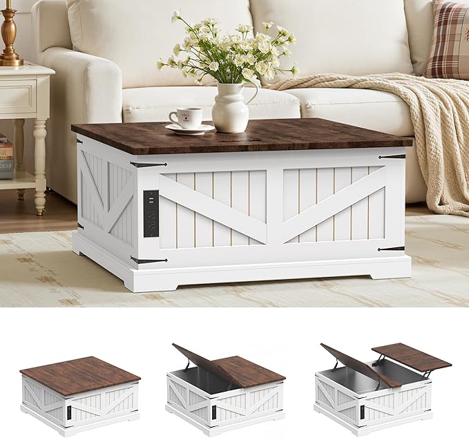36" Lift Top Coffee Table with Storage and Charging Station, Farmhouse Square Coffee Table with Hidden Compartment, Adjustable Laptop Desk for Living Room, USB Ports and Outlets