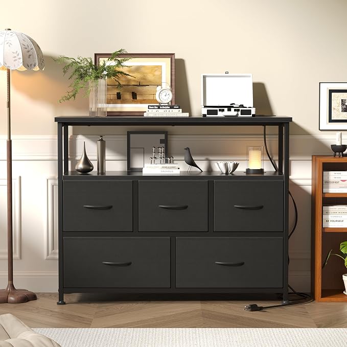 DUMOS TV Stand, Dresser with 5 Fabric Storage Drawers, Media Console Featuring Open Shelf, Fabric Storage Cabinet with Charging Station, Compact Entertainment Unit for Bedroom, Living Room, Black - Image 8