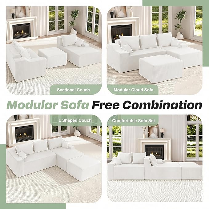HABUTWAY 94“ U Shaped Modular Sectional Couch for Living Room, Modular Cloud Sofa with Ottoman, No Assembly Boneless Couches with Deep Seat, Corduroy Fabric (Beige, Right Facing)